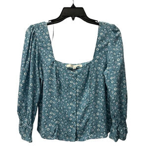 Row A Floral Button Front Blouse Cottagecore Size Small Light Blue NWOT